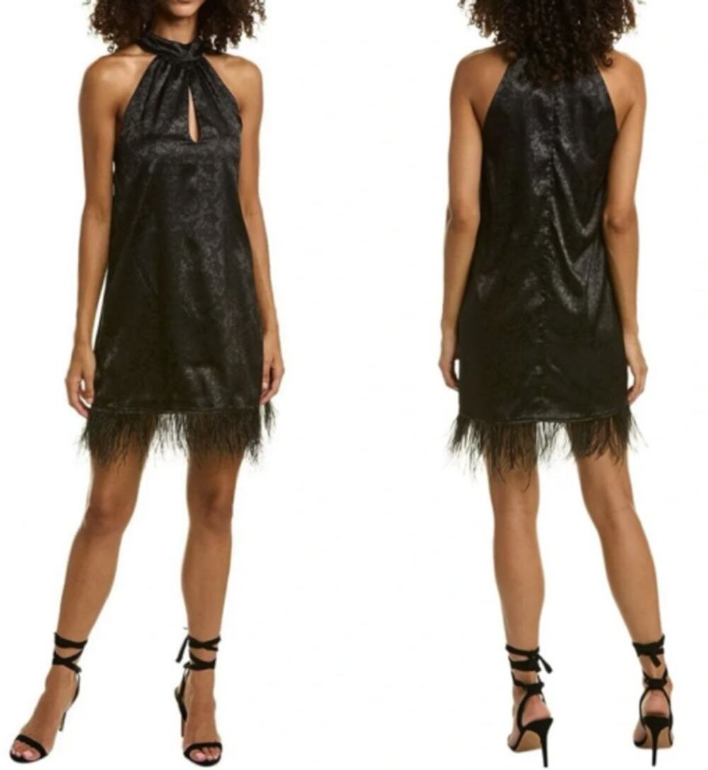WAYF Black Floral Jacquard Feather Trim Halter Mini Dress S